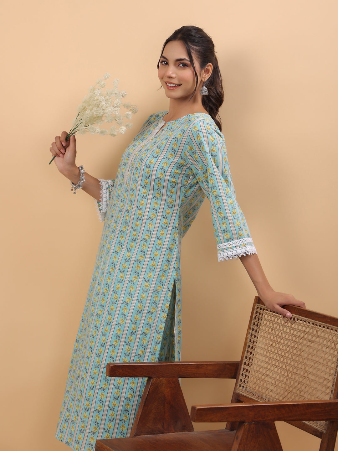 Janasya Regular Cambric Light Blue Floral Notch Neck Set | Swadesiicart