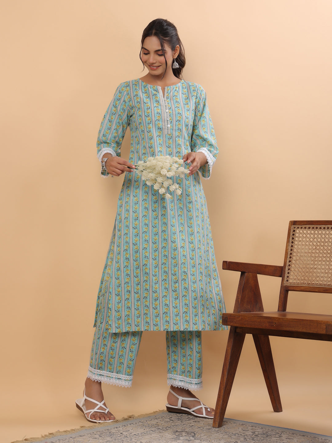 Janasya Regular Cambric Light Blue Floral Notch Neck Set | Swadesiicart