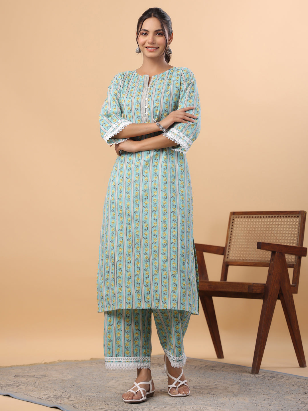 Janasya Regular Cambric Light Blue Floral Notch Neck Set | Swadesiicart