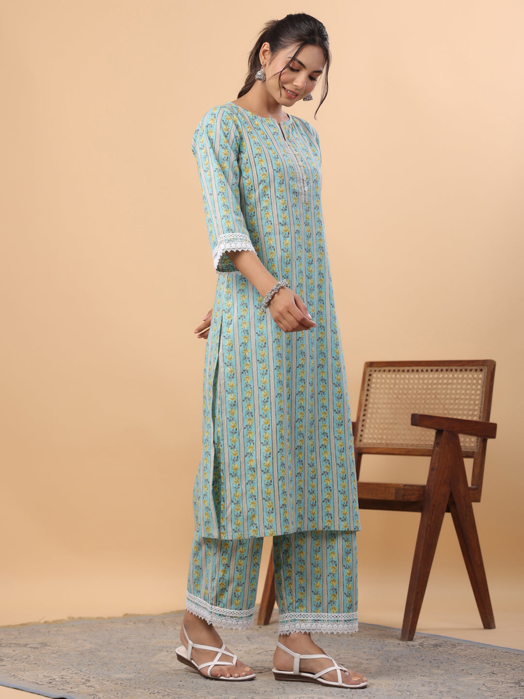 Janasya Regular Cambric Light Blue Floral Notch Neck Set | Swadesiicart