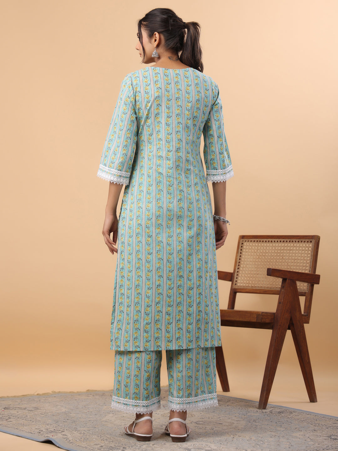 Janasya Regular Cambric Light Blue Floral Notch Neck Set | Swadesiicart