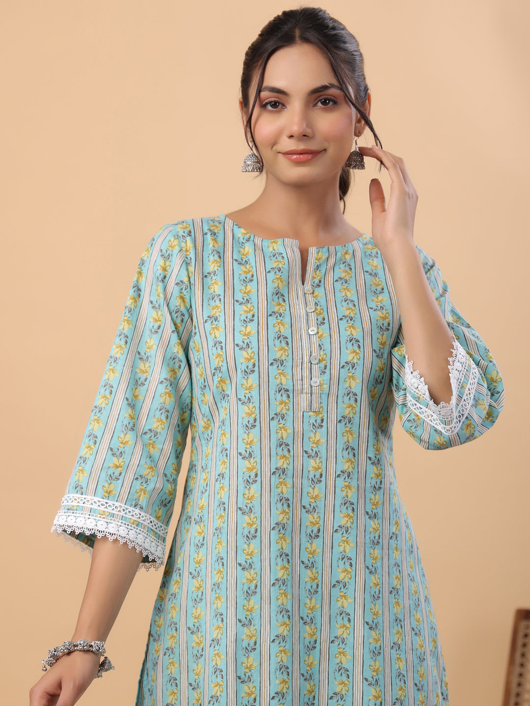 Janasya Regular Cambric Light Blue Floral Notch Neck Set | Swadesiicart