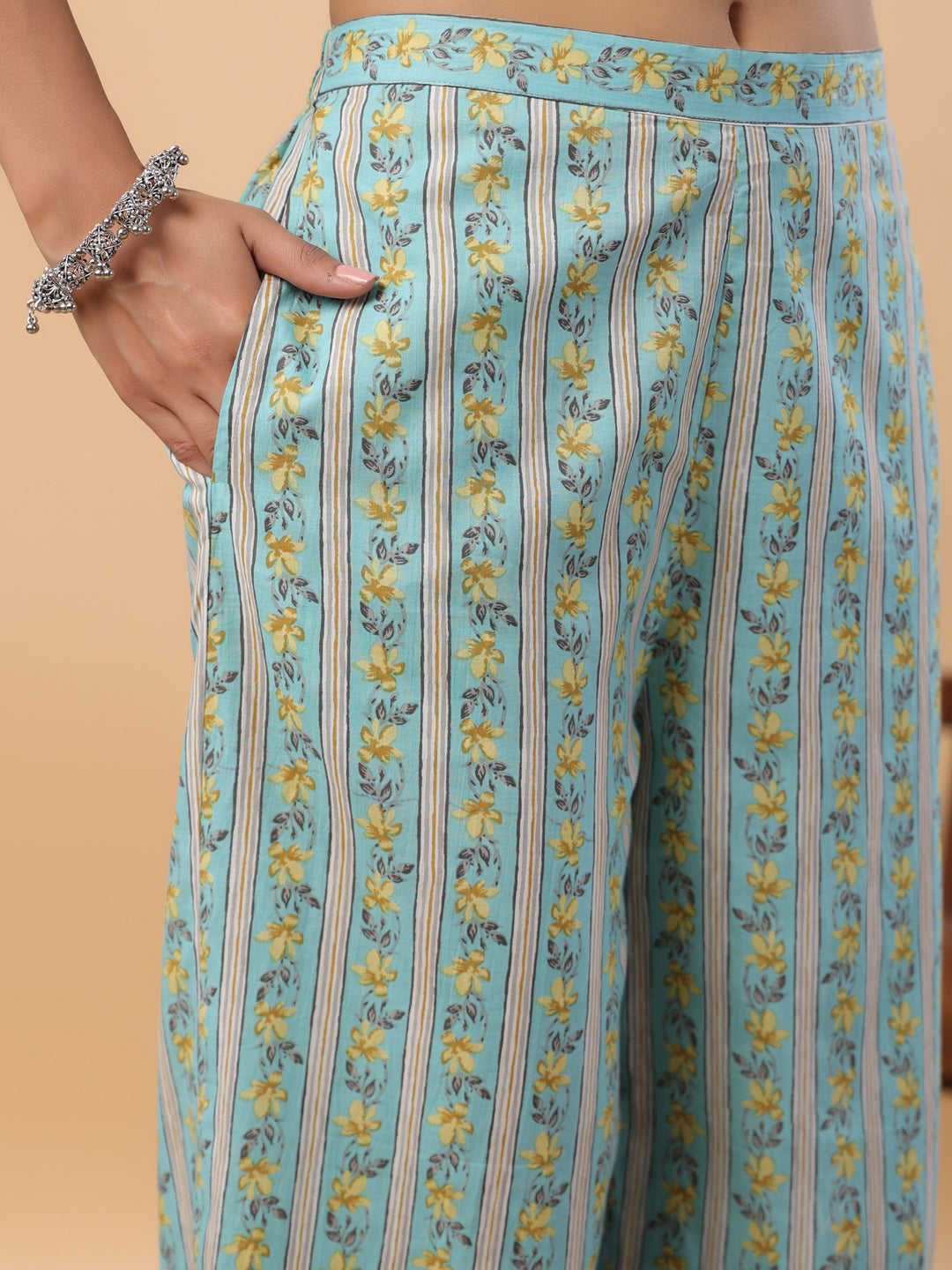 Janasya Regular Cambric Light Blue Floral Notch Neck Set | Swadesiicart