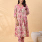 Janasya Gathered Cambric Cream Abstract V-Neck Kurta & Bottom | Swadesiicart