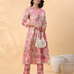 Janasya Gathered Cambric Cream Abstract V-Neck Kurta & Bottom | Swadesiicart