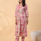 Janasya Gathered Cambric Cream Abstract V-Neck Kurta & Bottom | Swadesiicart