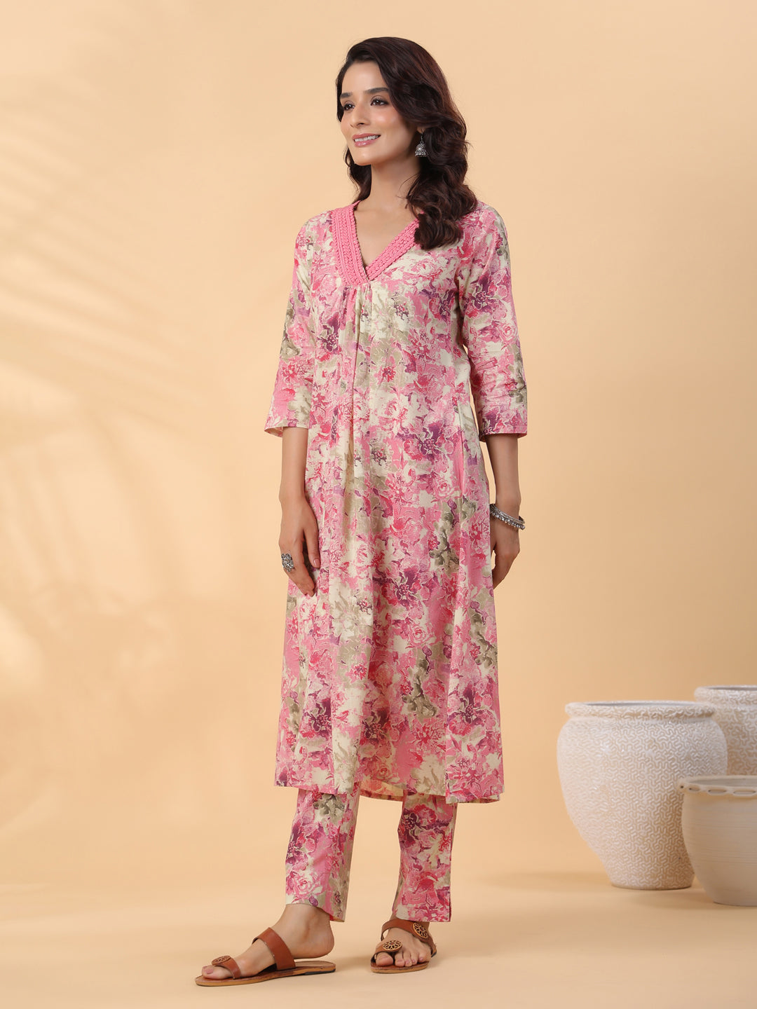 Janasya Gathered Cambric Cream Abstract V-Neck Kurta & Bottom | Swadesiicart