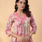Janasya Gathered Cambric Cream Abstract V-Neck Kurta & Bottom | Swadesiicart