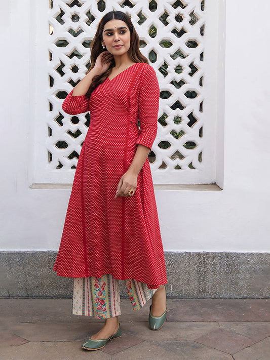 Janasya Dark Cotton Ethnic Motifs A-Line Kurta Set | Swadesiicart