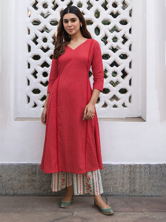 Janasya Dark Cotton Ethnic Motifs A-Line Kurta Set | Swadesiicart