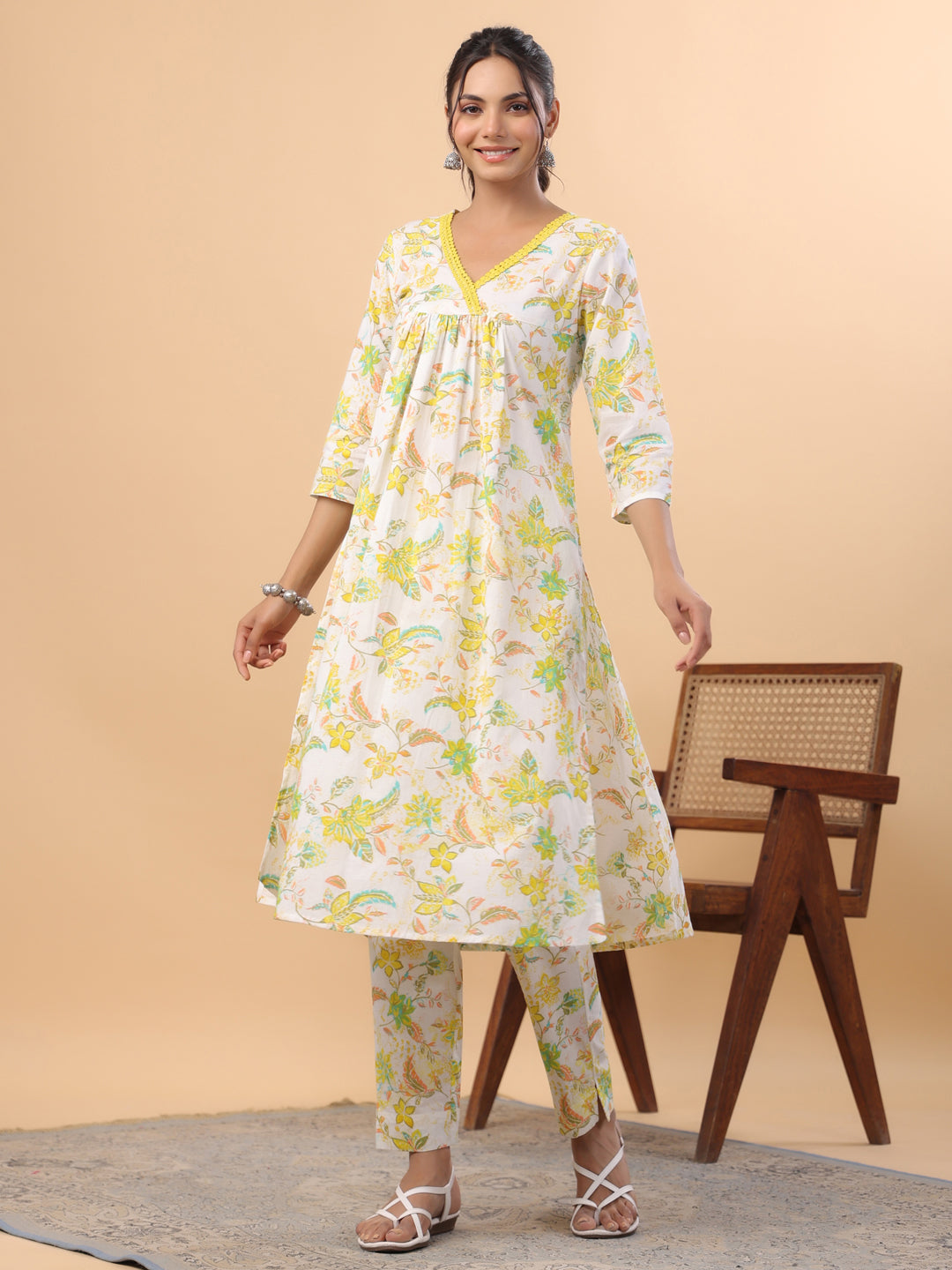 Janasya A-Line Cambric White Floral V-Neck Set | Swadesiicart