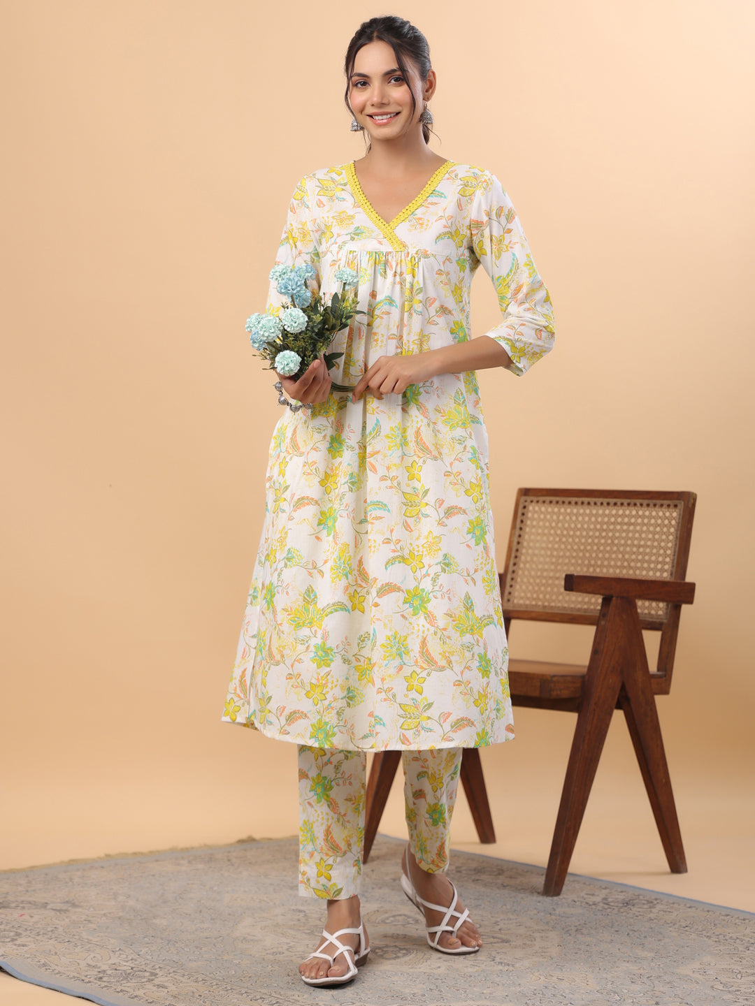 Janasya A-Line Cambric White Floral V-Neck Set | Swadesiicart