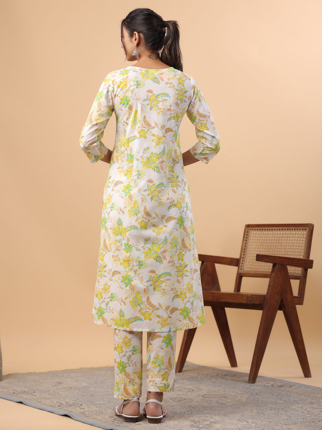 Janasya A-Line Cambric White Floral V-Neck Set | Swadesiicart