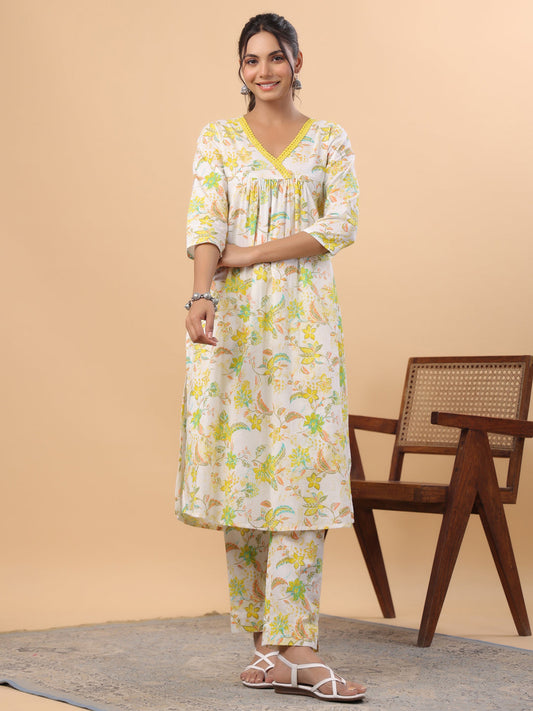 Janasya A-Line Cambric White Floral V-Neck Set | Swadesiicart
