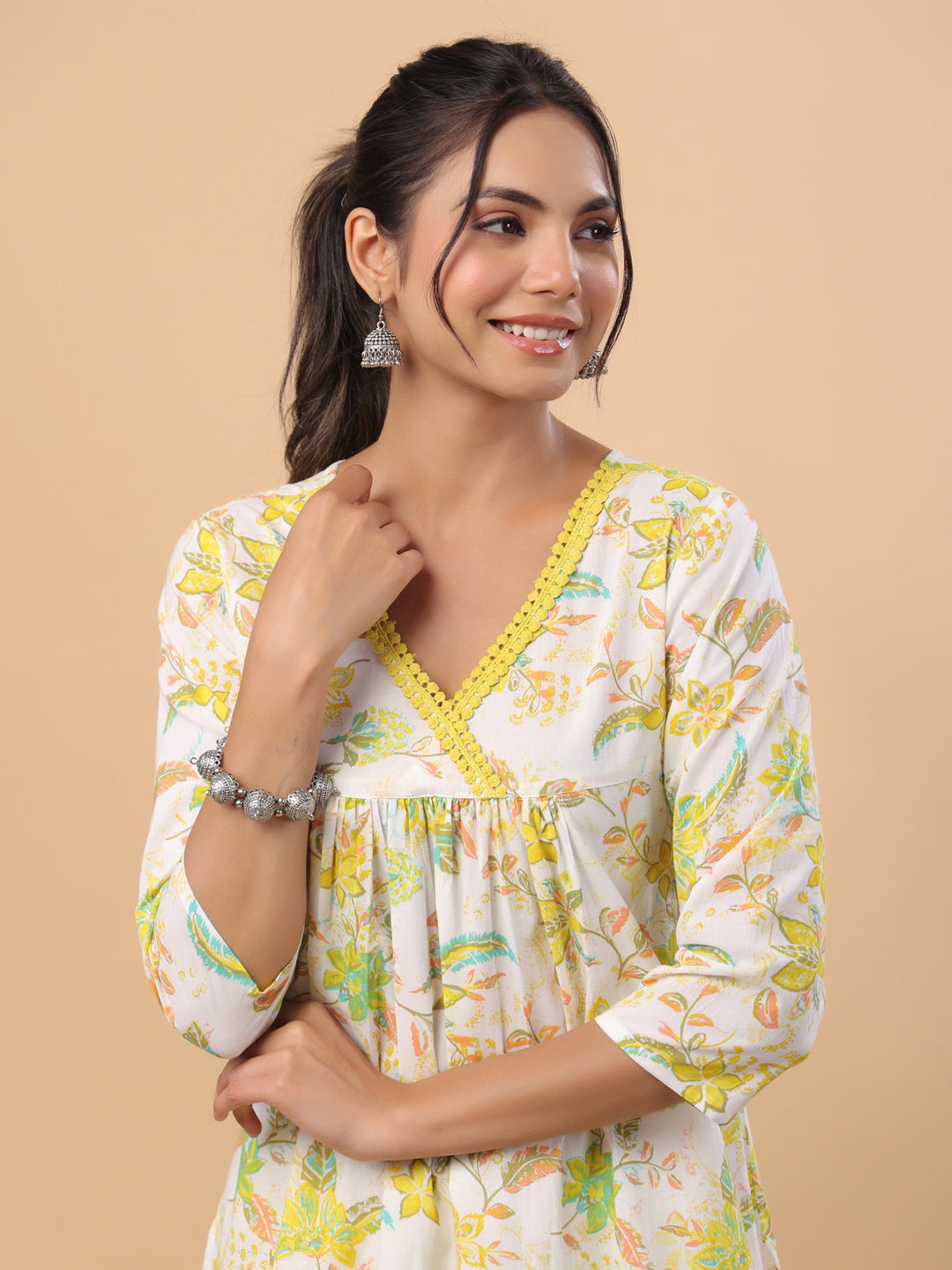 Janasya A-Line Cambric White Floral V-Neck Set | Swadesiicart