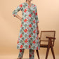 Janasya A-Line Cambric Blue Floral V-Neck Kurta & Bottom - Swadesiicart