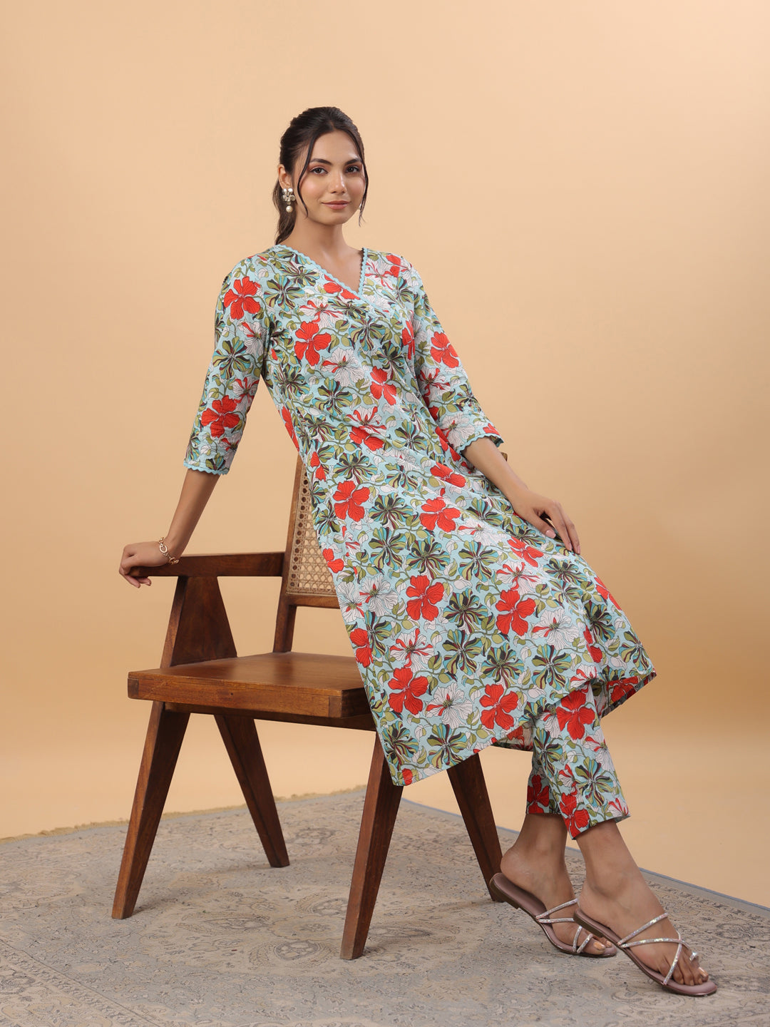 Janasya A-Line Cambric Blue Floral V-Neck Kurta & Bottom - Swadesiicart