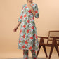 Janasya A-Line Cambric Blue Floral V-Neck Kurta & Bottom - Swadesiicart