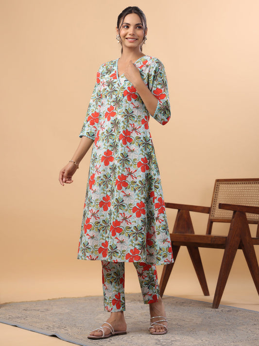 Janasya A-Line Cambric Blue Floral V-Neck Kurta & Bottom - Swadesiicart