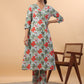 Janasya A-Line Cambric Blue Floral V-Neck Kurta & Bottom - Swadesiicart