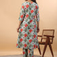 Janasya A-Line Cambric Blue Floral V-Neck Kurta & Bottom - Swadesiicart