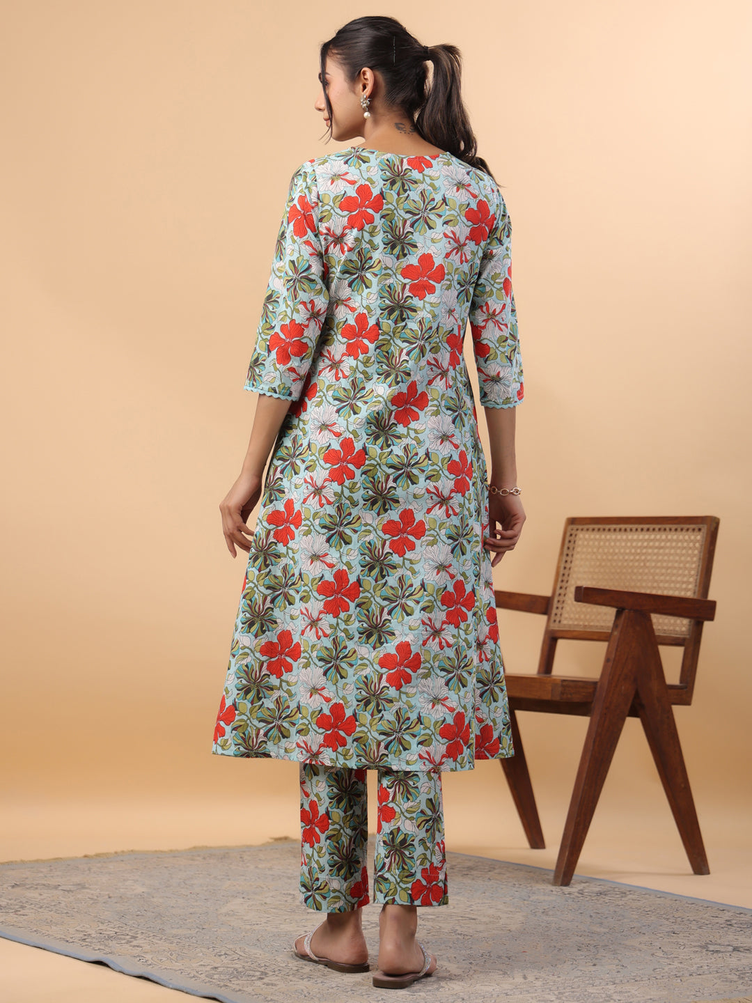 Janasya A-Line Cambric Blue Floral V-Neck Kurta & Bottom - Swadesiicart
