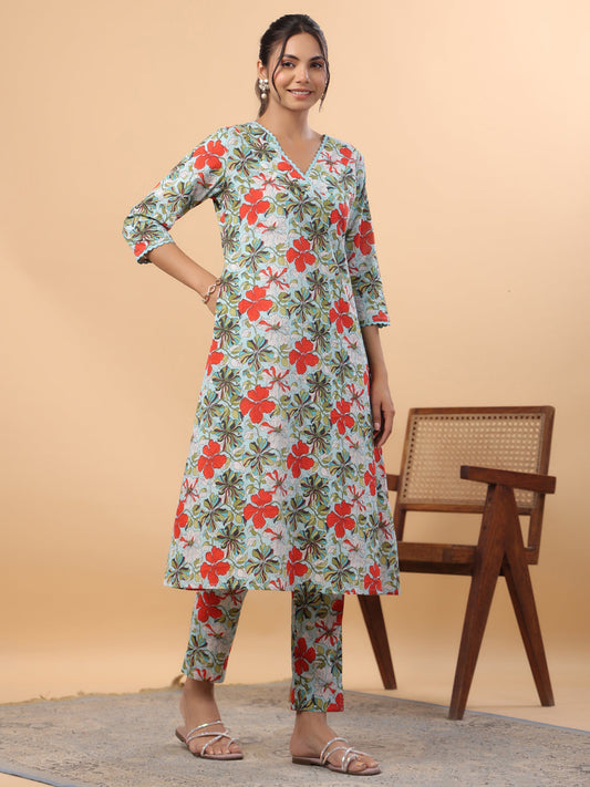 Janasya A-Line Cambric Blue Floral V-Neck Kurta & Bottom - Swadesiicart