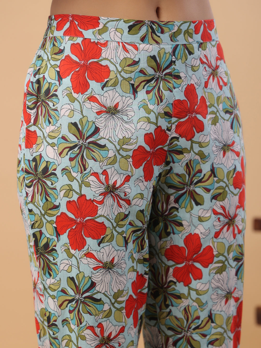 Janasya A-Line Cambric Blue Floral V-Neck Kurta & Bottom - Swadesiicart