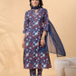 Janasya Regular Cambric Navy Blue Floral Band Collar Kurta,Bottom & Dupatta - Swadesiicart