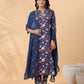 Janasya Regular Cambric Navy Blue Floral Band Collar Kurta,Bottom & Dupatta - Swadesiicart