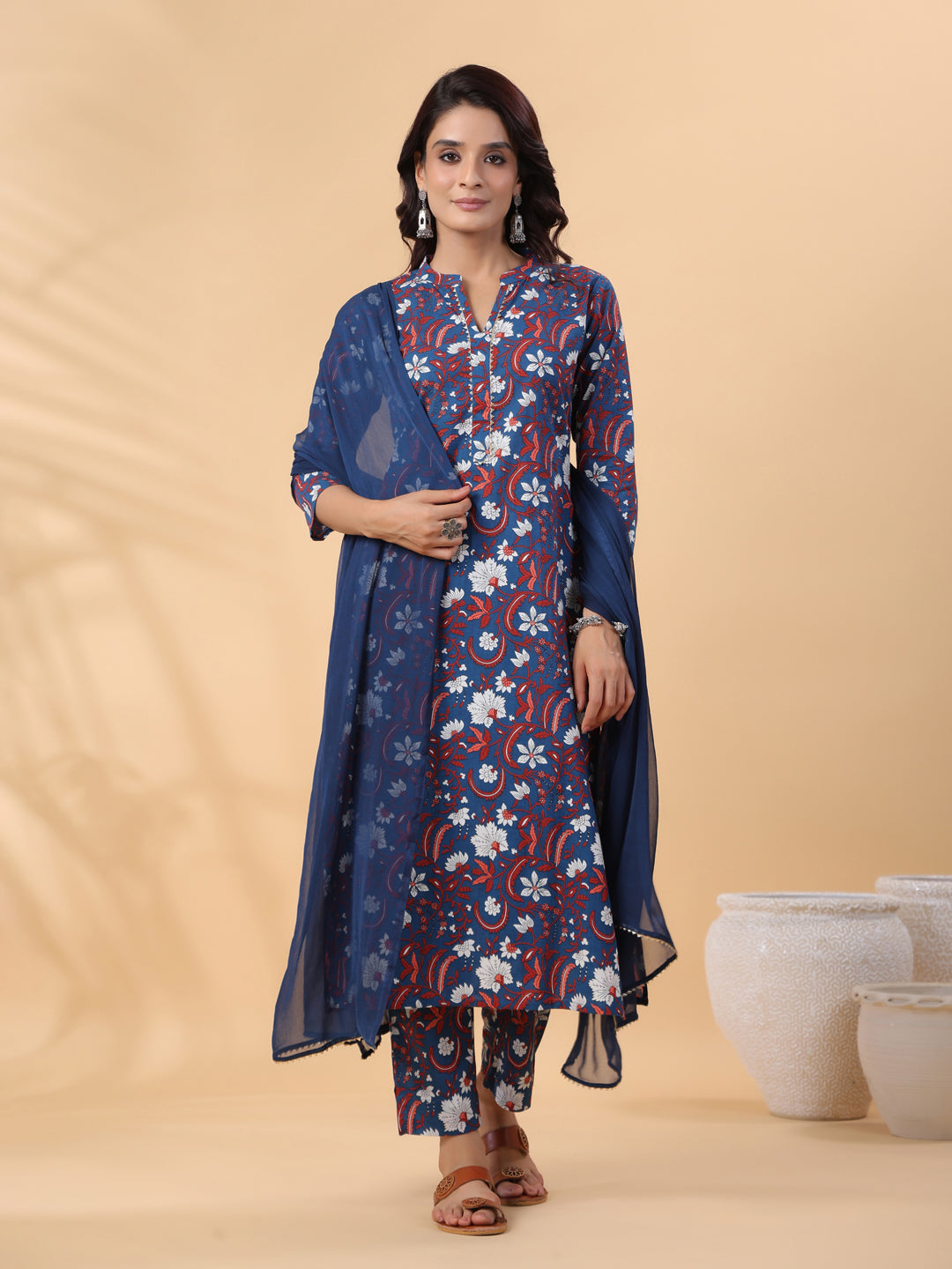 Janasya Regular Cambric Navy Blue Floral Band Collar Kurta,Bottom & Dupatta - Swadesiicart