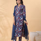Janasya Regular Cambric Navy Blue Floral Band Collar Kurta,Bottom & Dupatta - Swadesiicart
