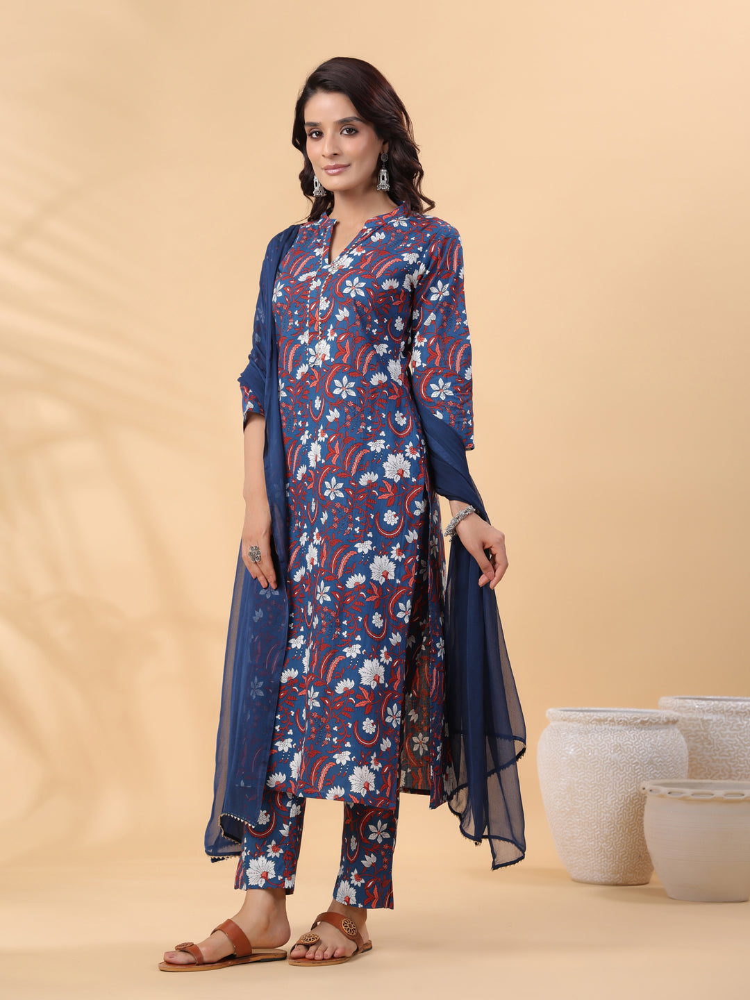 Janasya Regular Cambric Navy Blue Floral Band Collar Kurta,Bottom & Dupatta - Swadesiicart