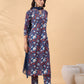 Janasya Regular Cambric Navy Blue Floral Band Collar Kurta,Bottom & Dupatta - Swadesiicart