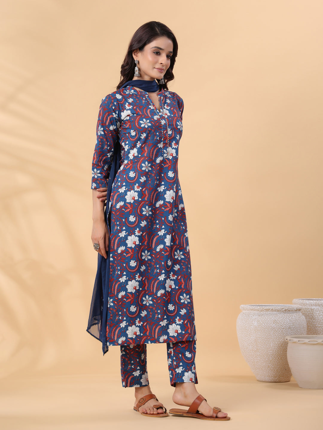 Janasya Regular Cambric Navy Blue Floral Band Collar Kurta,Bottom & Dupatta - Swadesiicart