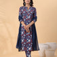 Janasya Regular Cambric Navy Blue Floral Band Collar Kurta,Bottom & Dupatta - Swadesiicart