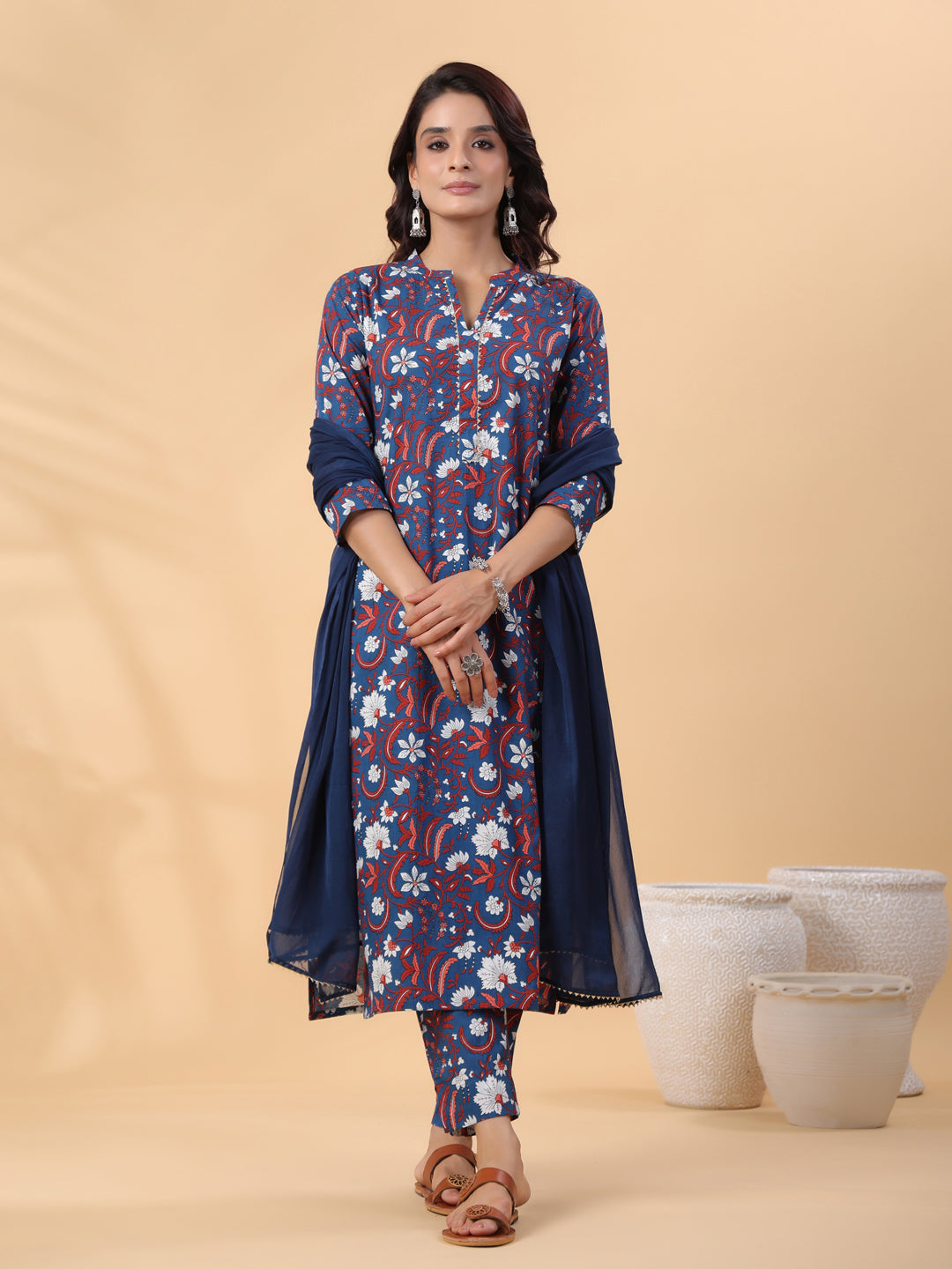 Janasya Regular Cambric Navy Blue Floral Band Collar Kurta,Bottom & Dupatta - Swadesiicart