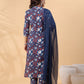 Janasya Regular Cambric Navy Blue Floral Band Collar Kurta,Bottom & Dupatta - Swadesiicart