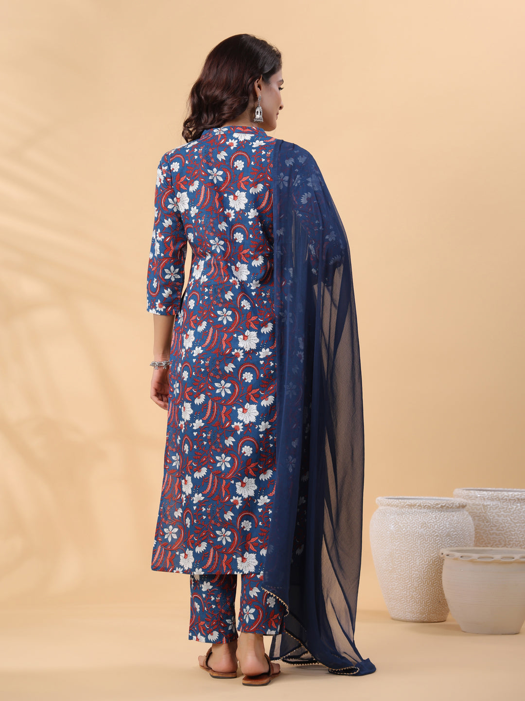 Janasya Regular Cambric Navy Blue Floral Band Collar Kurta,Bottom & Dupatta - Swadesiicart