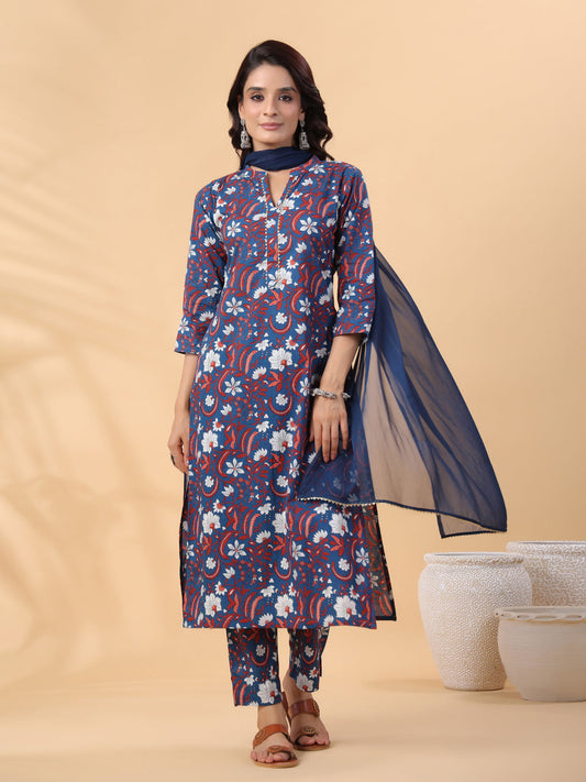 Janasya Regular Cambric Navy Blue Floral Band Collar Kurta,Bottom & Dupatta - Swadesiicart