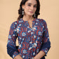 Janasya Regular Cambric Navy Blue Floral Band Collar Kurta,Bottom & Dupatta - Swadesiicart