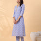 Janasya Regular Cambric Ice Blue Floral V-Neck Kurta Set | Swadesiicart