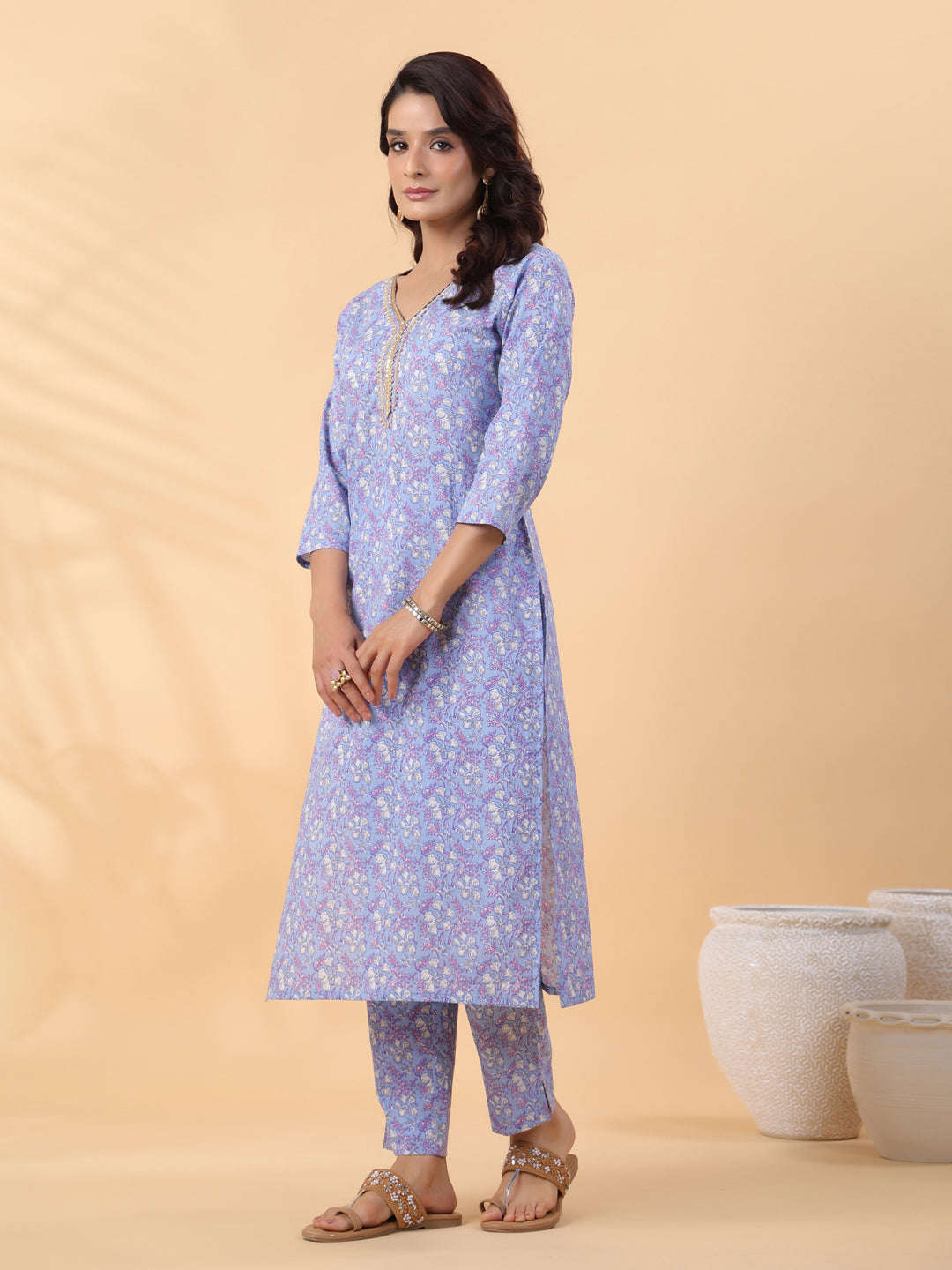 Janasya Regular Cambric Ice Blue Floral V-Neck Kurta Set | Swadesiicart