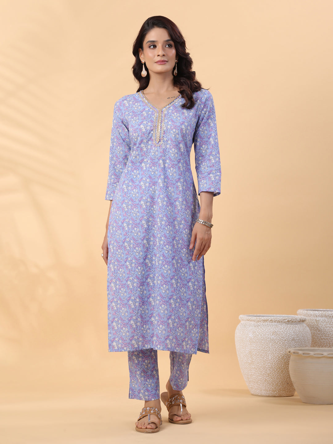 Janasya Regular Cambric Ice Blue Floral V-Neck Kurta Set | Swadesiicart