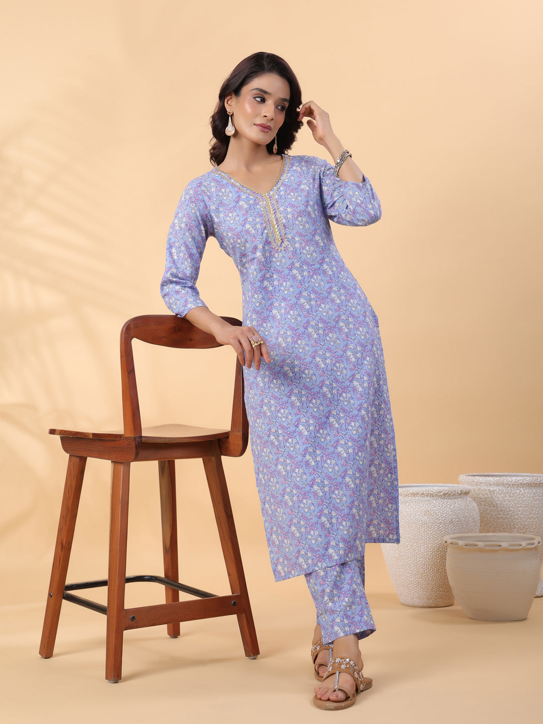 Janasya Regular Cambric Ice Blue Floral V-Neck Kurta Set | Swadesiicart