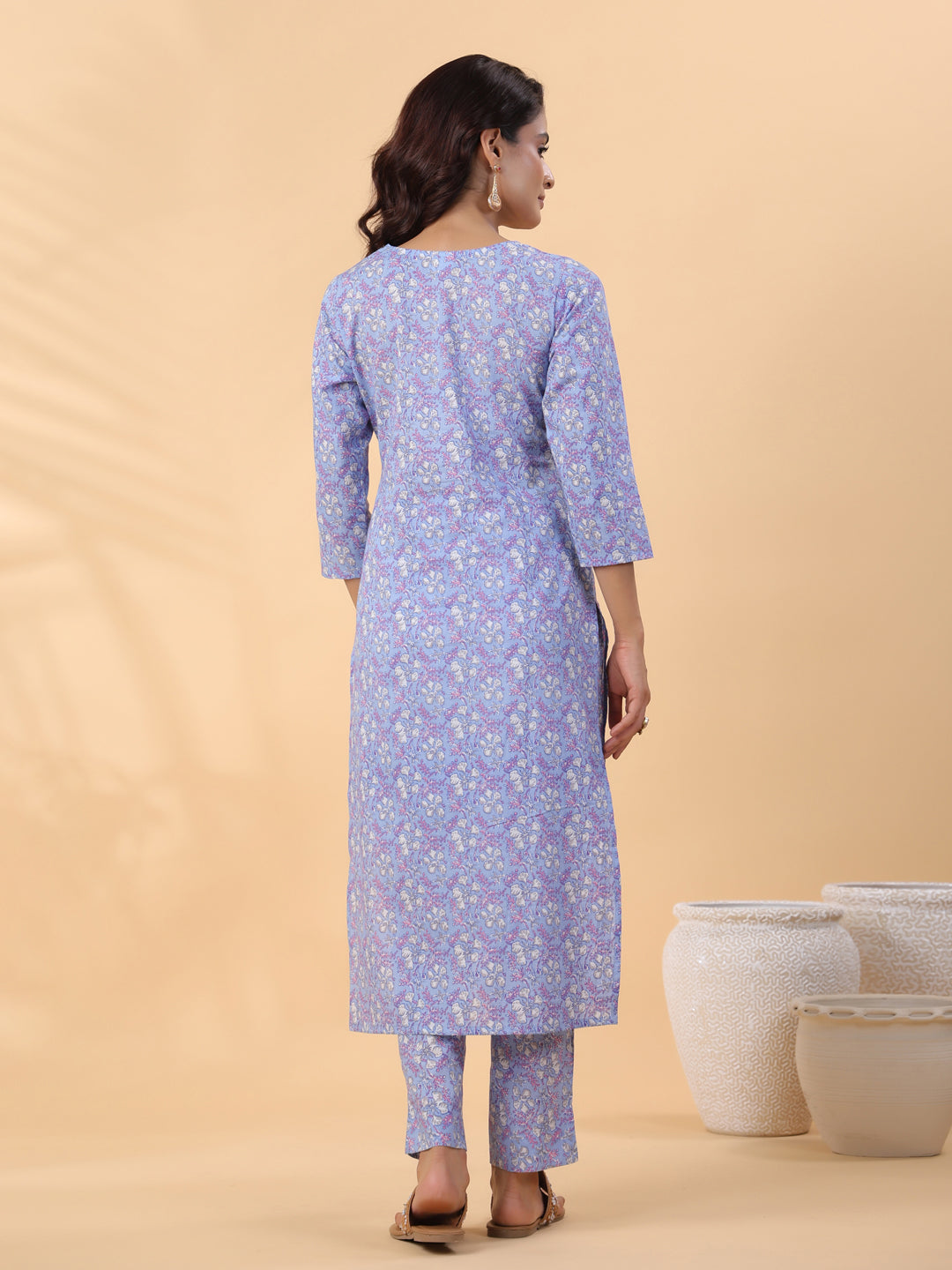 Janasya Ice Blue Cambric Floral Kurta Set | Swadesiicart