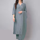 Janasya Regular Chinnon Ice Blue Embroidered V-Neck Kurta,Bottom & Dupatta | Swadesiicart