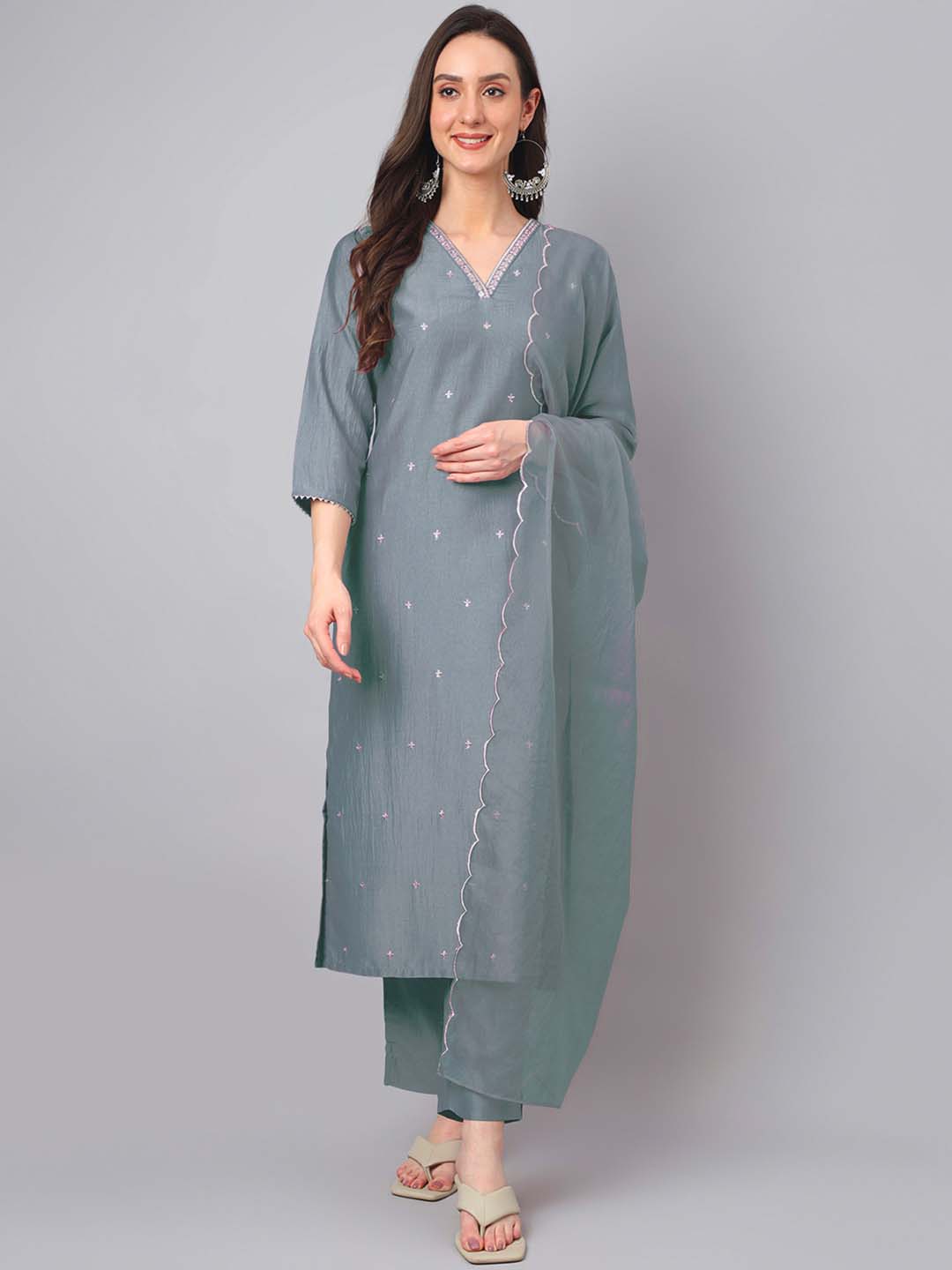 Janasya Regular Chinnon Ice Blue Embroidered V-Neck Kurta,Bottom & Dupatta | Swadesiicart
