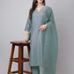 Janasya Regular Chinnon Ice Blue Embroidered V-Neck Kurta,Bottom & Dupatta | Swadesiicart