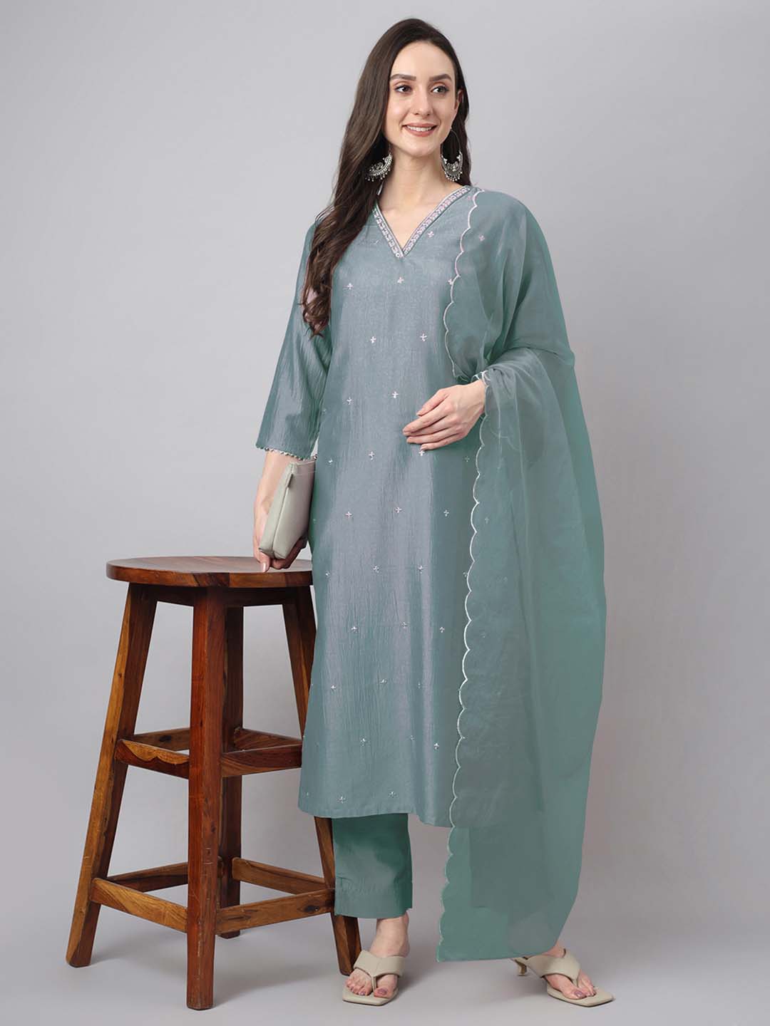 Janasya Regular Chinnon Ice Blue Embroidered V-Neck Kurta,Bottom & Dupatta | Swadesiicart